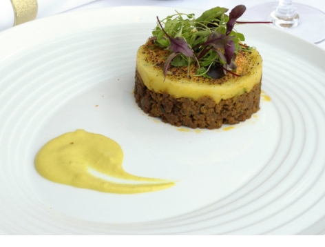 Indian Shepherd’s Pie with Cheddar & Coriander Crumble, served with Korma Sauce
