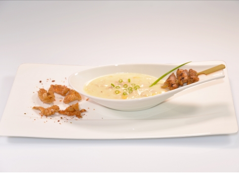 Cream of Chicken Soup with crispy chicken skins